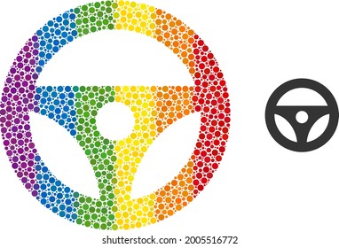 Car steering wheel mosaic icon of spheric blots in various sizes and spectrum colored color hues. A dotted LGBT-colored car steering wheel for lesbians, gays, bisexuals, and transgenders.