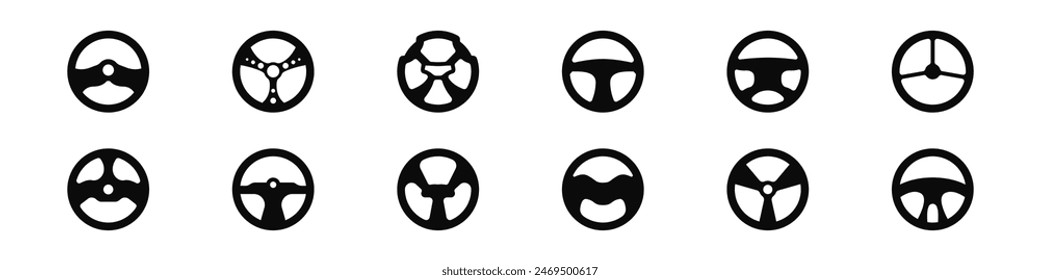 Car steering wheel set of vector icons. Steering wheel black logo. Various steering wheel icons set. Sports steering wheel for a car vector. Vector illustration.