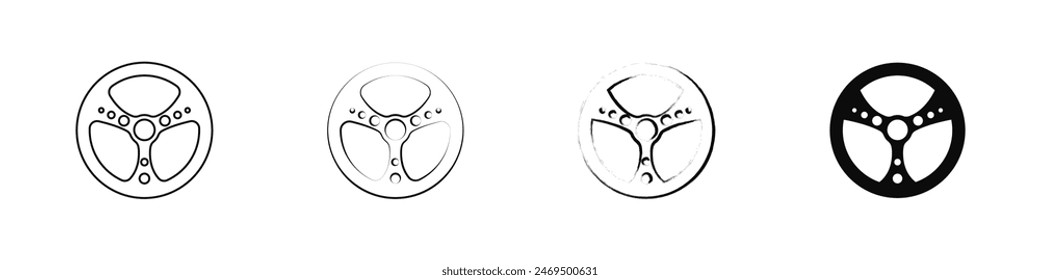 Car steering wheel set of vector icons. Steering wheel black logo. Various steering wheel icons set. Sports steering wheel for a car vector. Vector illustration.