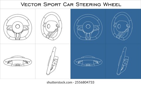 Car Steering wheel vector line technical drawing set. blueprint wireframe outline Automobile steer wheel isolated on transparent background