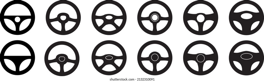 Juego de iconos de las ruedas de dirección del automóvil, aislado en fondo blanco