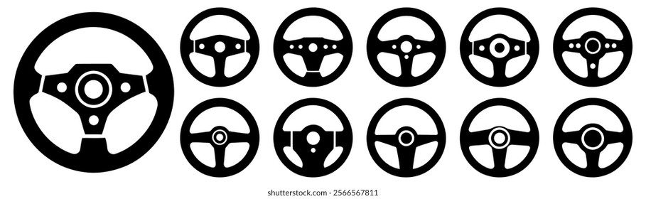 Car Steering Wheels On A White Background. Variety Of Designs Showcasing Different Styles For Automotive Use