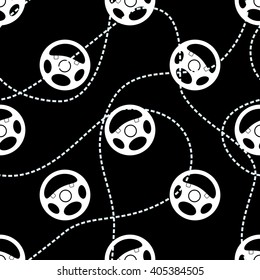 Car steering wheels seamless pattern. Repeating texture with white automobile handlebars and dashed lines on black background. Vector illustration suitable for textile and print designs.