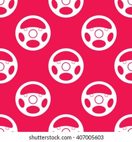 Car steering wheels seamless pattern. Repeating texture with white automobile handlebars on pink red background. Vector illustration suitable for textile and print designs.