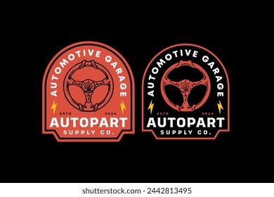 Car Steering wheels vintage badge logo design for automotive, garage, adventure and racing