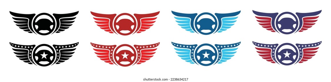 Car steering wheels with wings icon set. American wings with steering icon logo design. Flying angle wings and car steering wheels, symbol illustration
