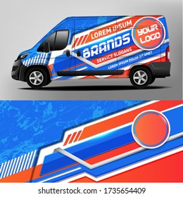 Car sticker Car design development for a company. Car branding. Car brand sticker in blue and orange tones

