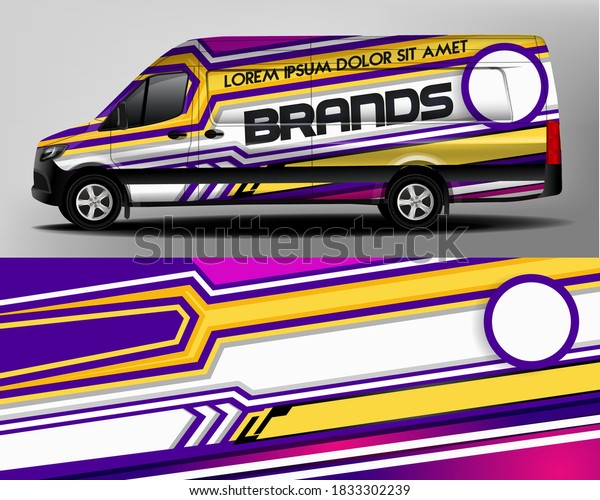 Car sticker.\
Car design development for the company. Car branding. Purple,\
yellow and white car brand\
sticker