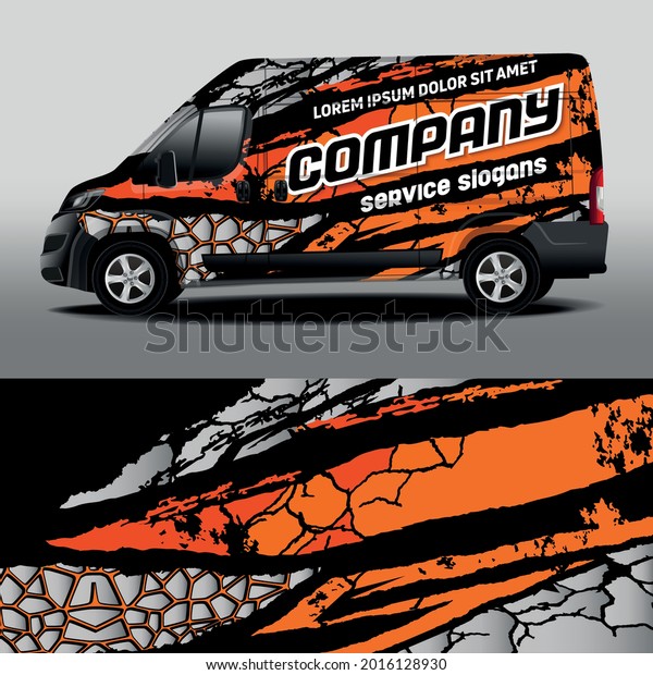 Car sticker. Car design development for the company.\
Black with orange background for car vinyl sticker. Vector design\
of delivery van. \
