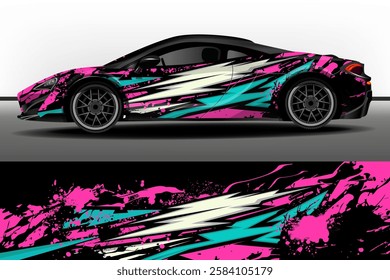 Car sticker design vector. Set of graphic abstract white and mint stripes with pink splashes on black background with for car, rally, racing car.