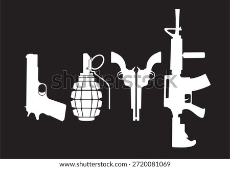 Car sticker "LOVE" made with the help of images of weapons