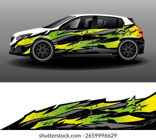Etiqueta engomada del coche. Conjunto de rayas grises y verdes abstractas gráficas sobre fondo negro para coches, rally, coches de carreras. Marca de coches. Desarrollo del diseño del coche para la compañía.