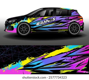 Car stickers design vector. Set of graphical abstract bright stripes and colorful splashes on black background for car, rally, racing car.