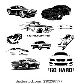 car stickers, inscriptions, silhouettes and outlines of cars. EPS 10 Vector Drawing