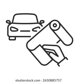 Car with sticking film. Linear vector illustration. Process of applying protective film for car icon. Work of application of a armor layer. Auto protect. Paint protection automobile. Simple symbols.