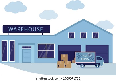 the car is in stock, loaded with boxes and other goods, flat graphics, Warehouse storage and delivery vector concept. Cargo storage and transportation, delivery