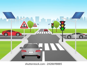 Car Stop at Crosswalk with Traffic Light in the City. Pedestrian Crossing Road. Zebra Crossing. Vector Illustration. 