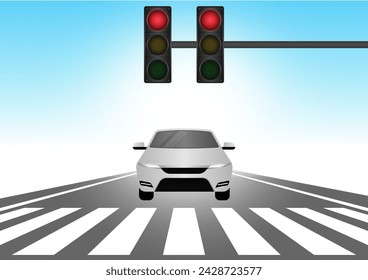 Car Stop at Crosswalk with Traffic Light (Red Light). Pedestrian Crossing Road. Zebra Crossing. Vector Illustration. 