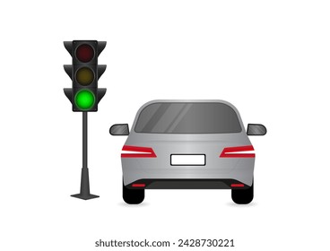 Parada de coche en el semáforo verde. Ilustración vectorial. 