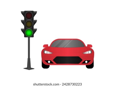 Parada de coche en el semáforo verde. Ilustración vectorial. 