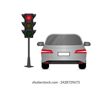 Car Stop at Red Traffic Light. Vector Illustration. 