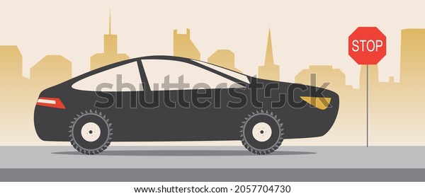 Car and stop sign. Flat vector stock\
illustration. Traffic Laws. Road safety. Driving in the city. Road\
sign. Stop motion. Vector\
graphics