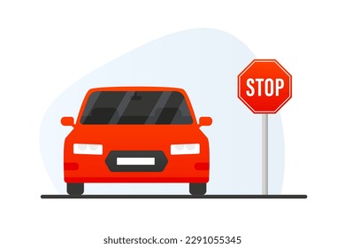 Car stop sign. Stop lot. Car in the Stop. Flat style. Vector illustration