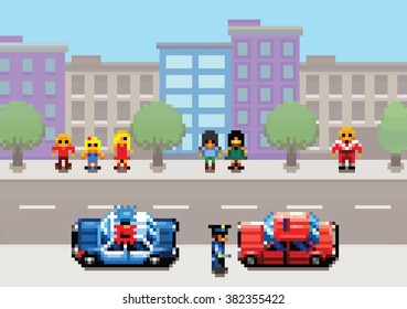 A car stopped by the police pixel art video game style retro layer illustration