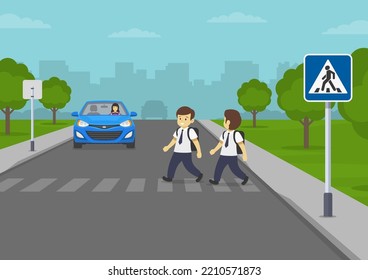 Car stopped at  crosswalk. Traffic sign indicates pedestrian crossing. Happy school children crossing the road on crosswalk. Flat vector illustration template.