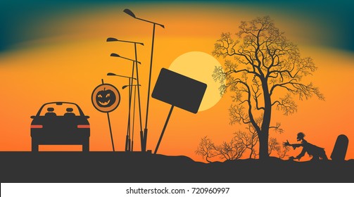 A car stopped on the road at night. Road signs Halloween. Bushes and a tree without leaves on a roadside. Zombie creeps out of a grave. Night during Halloween. Vector illustration EPS-8.