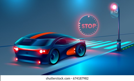 das Auto hielt an einer roten Ampel, bevor die Fußgängerüberquerung. Vor dem Auto beleuchtet das Hologramm eines Stoppschildes. Überquerung oder Kreuzung. futuristisches Konzept der Straßenverkehrssicherheit. VEKTOR