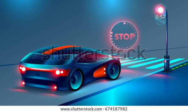 the\
car stopped at a red light before the pedestrian crossing. In front\
of the car illuminates the hologram of a stop sign. Crosswalk or\
junction. futuristic concept of road safety.\
VECTOR