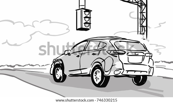 Car stopped at a traffic\
light on a country road. Black and white vector sketch. Simple\
drawing.