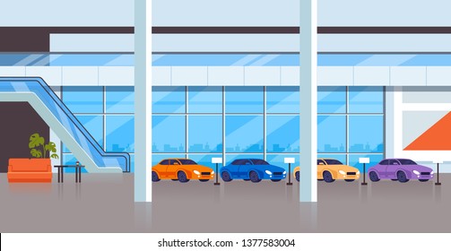 Car store shop showcase room interior inside. City transportation concept. Vector flat graphic design illustration