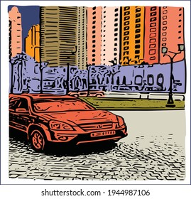 A car in a street at big metropolis city during day time.