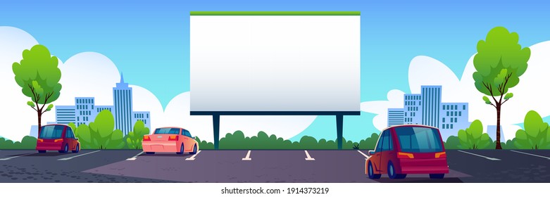 Car street cinema with blank screen. Drive-in theater with automobiles stand in open air parking with mark up at day time near wide outdoor white billboard for advertising, Cartoon vector illustration