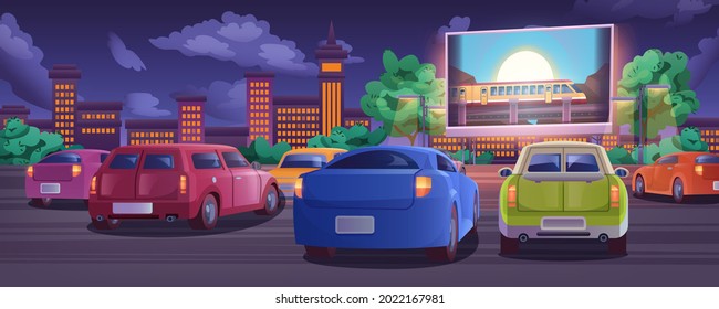 Car street cinema. Drive-in movie theater with automobiles on open air parking at summer night. Outdoor large screen glowing in darkness. Urban entertainment, film festival concept in cartoon style.