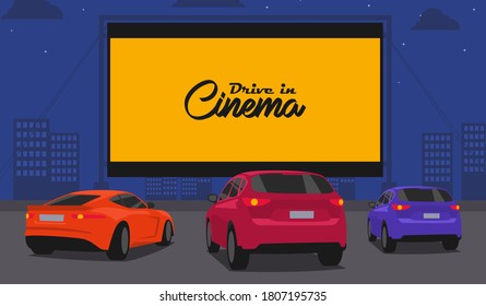 Car street cinema. Drive-in theater with automobiles stand in open air parking at night. Large outdoor screen with nature scene glowing in darkness on starry sky background Cartoon vector illustration