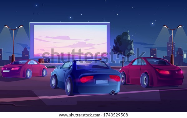 Car street cinema. Drive-in theater with\
automobiles stand in open air parking at night. Large outdoor\
screen with nature scene glowing in darkness on starry sky\
background Cartoon vector\
illustration