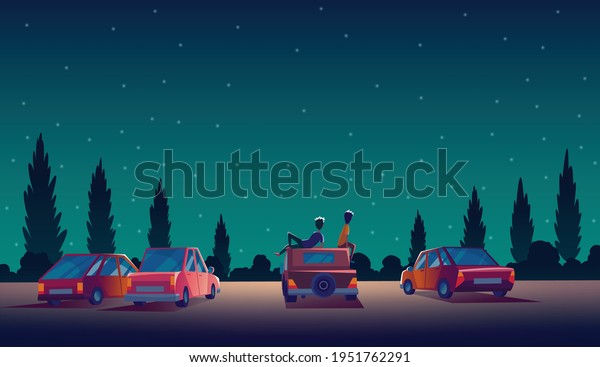 Car street\
cinema. Drive-in theater with automobiles stand in open air parking\
at night. Cinema night vector banner in cartoon style. Audience on\
open air parking in\
darkness