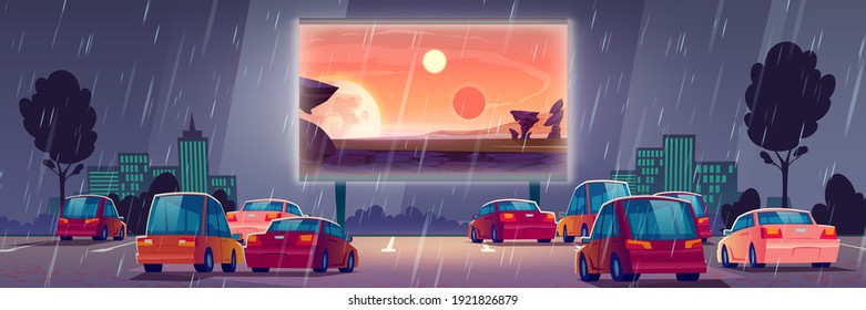 Car street cinema at rainy weather. Drive-in theater with automobiles stand under rain in open air parking at night. Large outdoor screen with movie on cityscape background Cartoon vector illustration