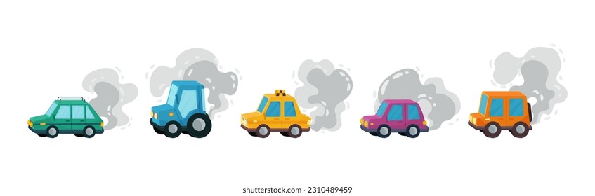 Car and Street City Traffic Emitting Smoke as Air Pollution Source Vector Set