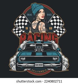 Car street racing poster colorful finish flags and hot girl with California tattoo from San Diego driver community vector illustration