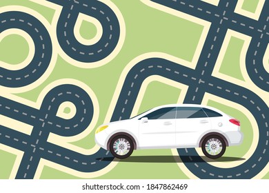Car with Streets - Roads on Map - Vector Cartoon