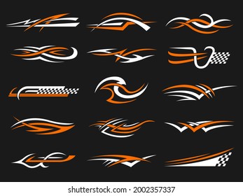 Car stripes. Vinyl stylized graphics templates symbols of flame geometrical shapes racing motorcycle club designs recent vector set