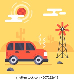 Car stuck in the Mexican desert because of engine damage or crash. Fully editable vector illustration. Perfect for informational plates, posters, layers.  