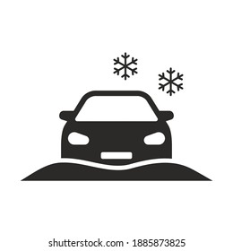 Car stuck in snow icon. Driving in deep snow. Vector icon isolated on white background.