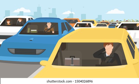 car stuck in traffic flat illustration