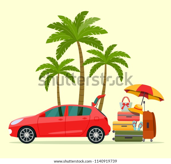 Car, suitcase, bags and\
other luggage, palm trees and umbrella beach. Vector flat style\
illustration