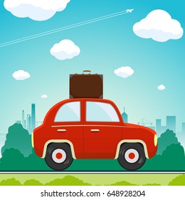 Car with a suitcase is driving along the road. Vacation and travel. Stock vector flat graphic illustration.